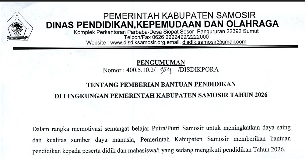 Kabupaten Samosir Umumkan Bantuan Pendidikan Tahun 2026, Ini Syarat dan Ketentuannya