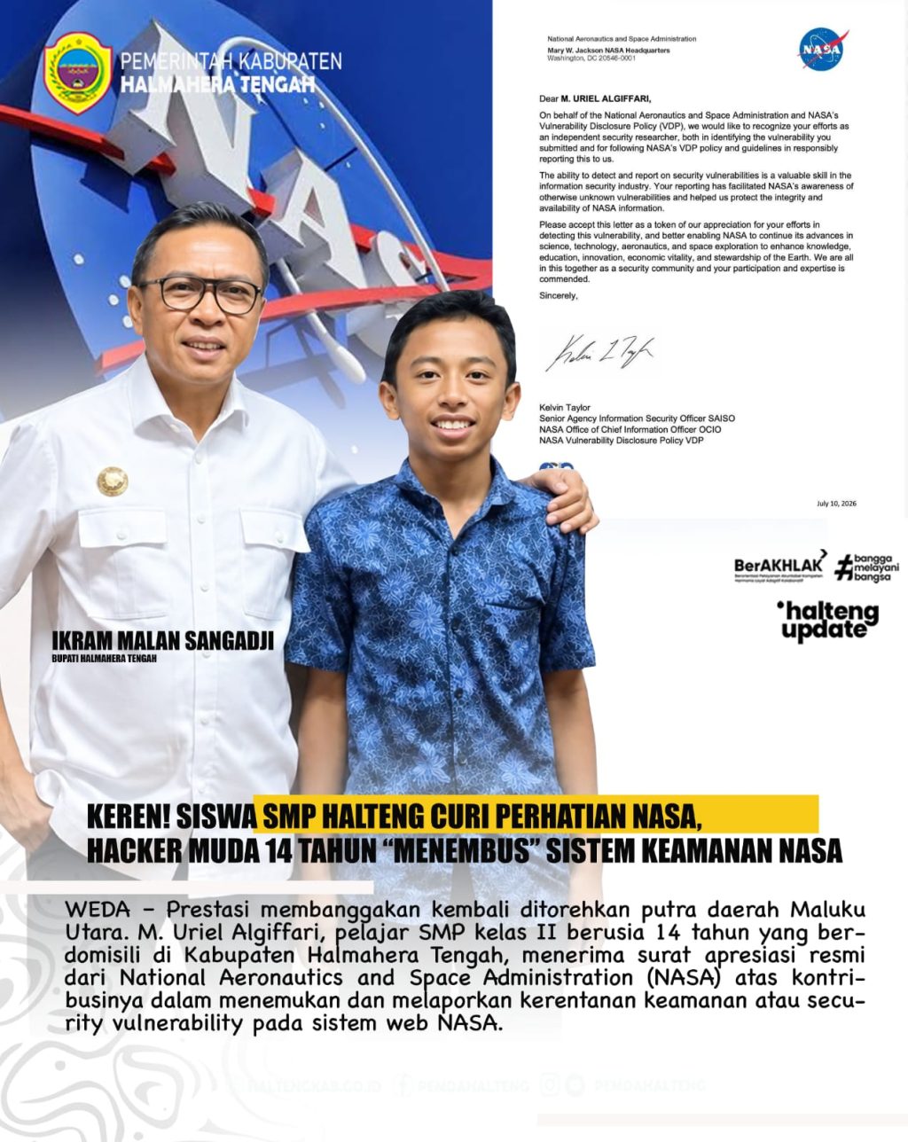 Remaja 14 Tahun dari Halteng Berhasil Tembus Sistem Keamanan NASA, Prestasi Gemilang di Usia Muda