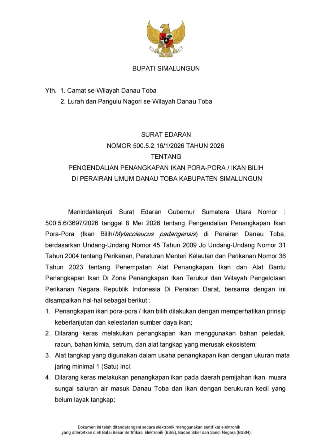 Bupati Simalungun Terbitkan Surat Edaran Atasi Penangkapan Ikan Pora-pora di Danau Toba