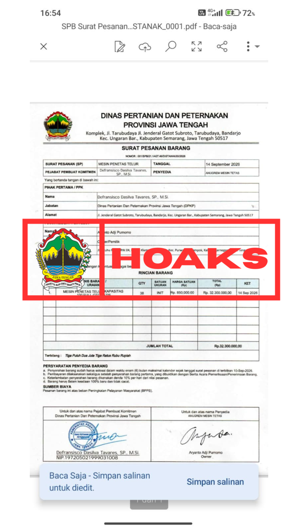 Waspada Hoaks Pengadaan Barang dan Jasa Mengatasnamakan Dinas Pertanian dan Peternakan Jawa Tengah